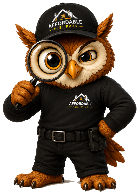 Affordable Pest Pros owl mascot inspecting pest activity